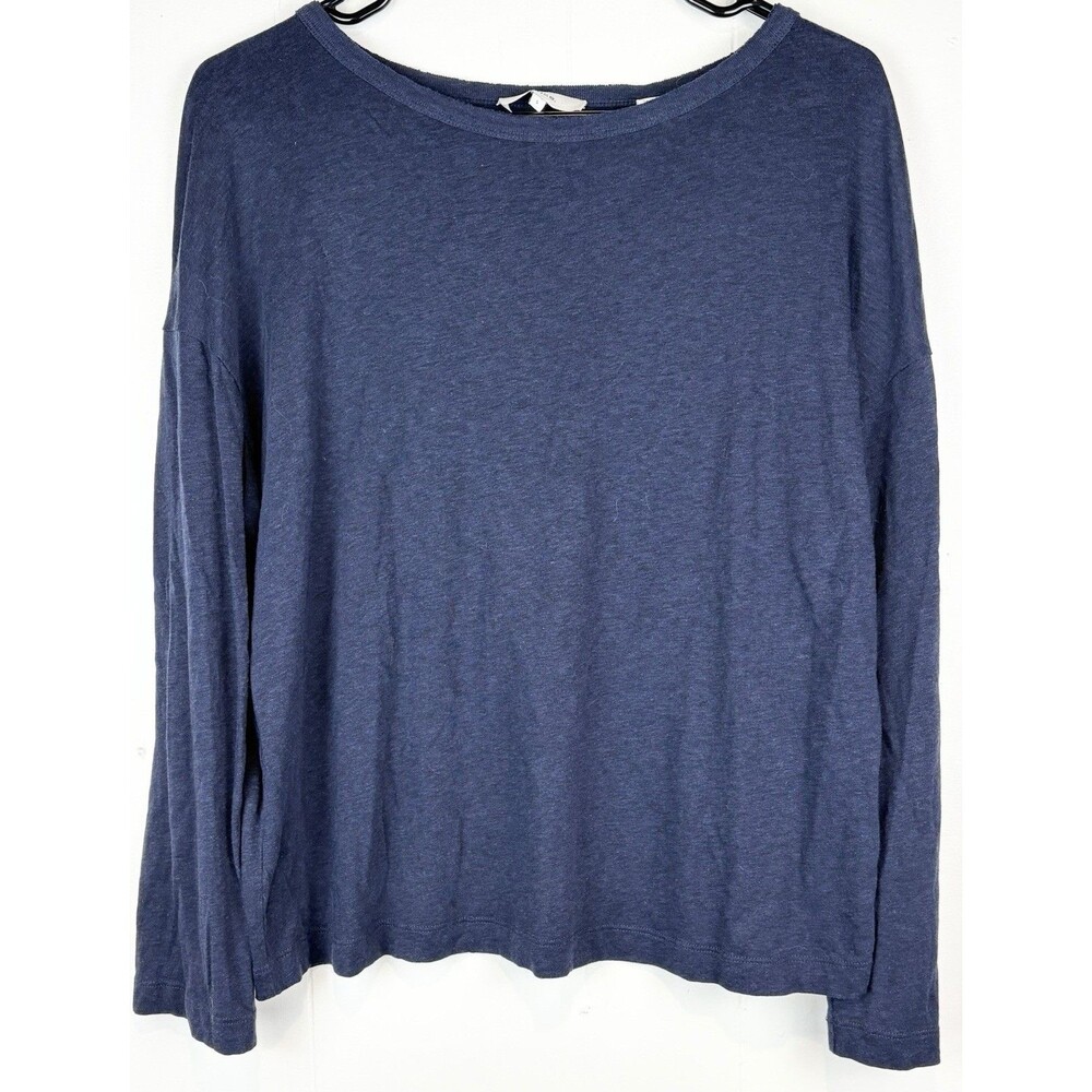 Vince Women's Blouse Linen Blend Navy Blue Long Sleeve Coastal, Small